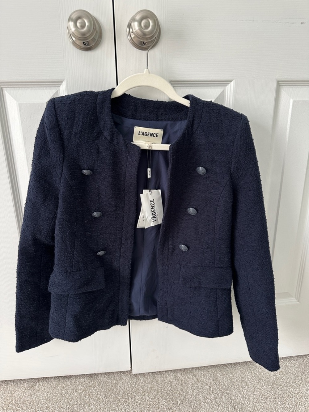 L'AGENCE Effie Navy Tweed Double-Breasted Cropped Jacket